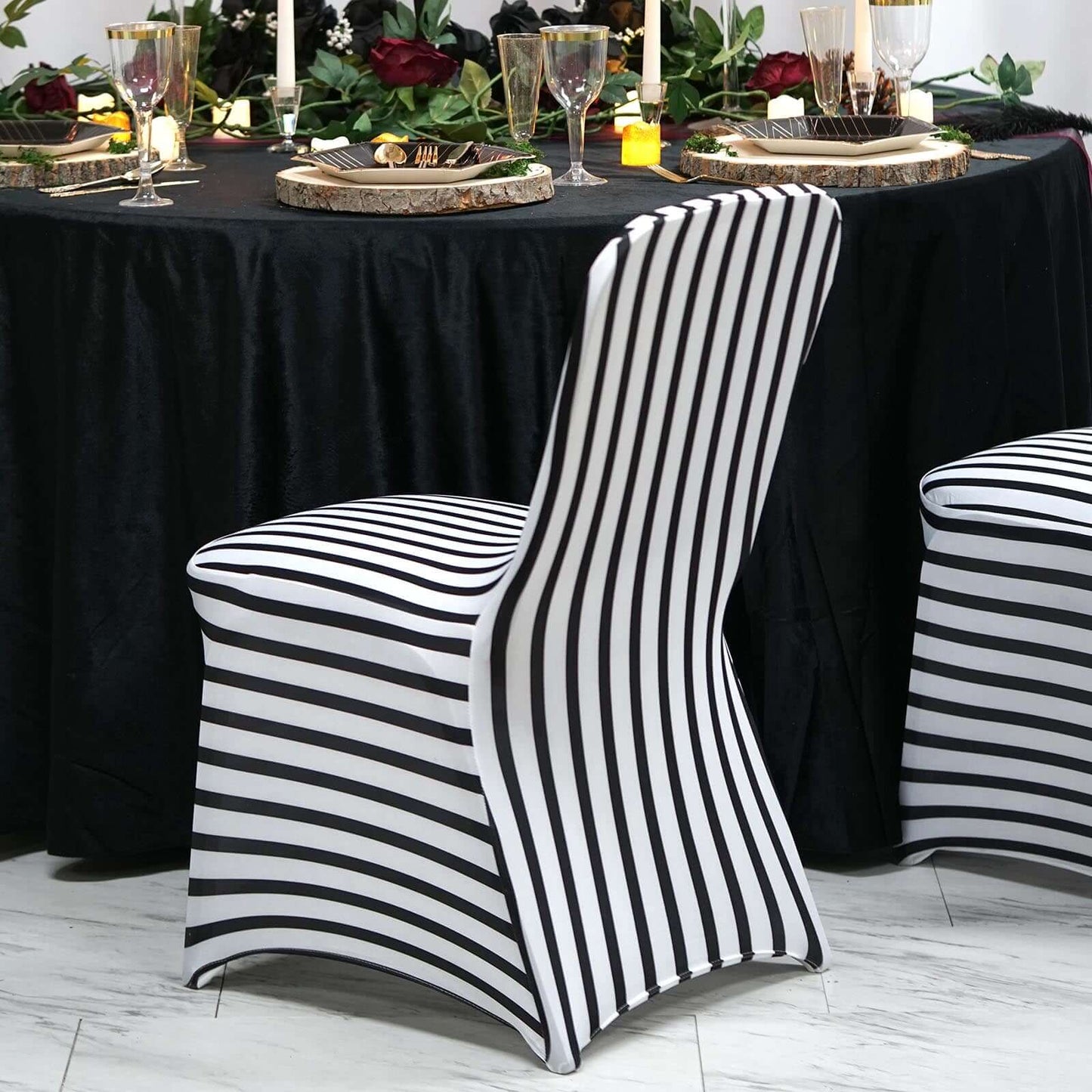 Spandex Chair Cover with Foot Pockets for Banquet Chairs Black/White Striped - Durable Stretch Fitted Slipcover for Weddings & Gatherings