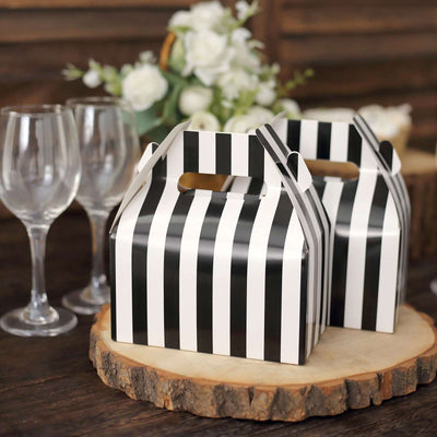 25 Pack White Black Striped Candy Gift Tote Gable Boxes, Party Favor Treat Bags - 6"x3.5"x7"