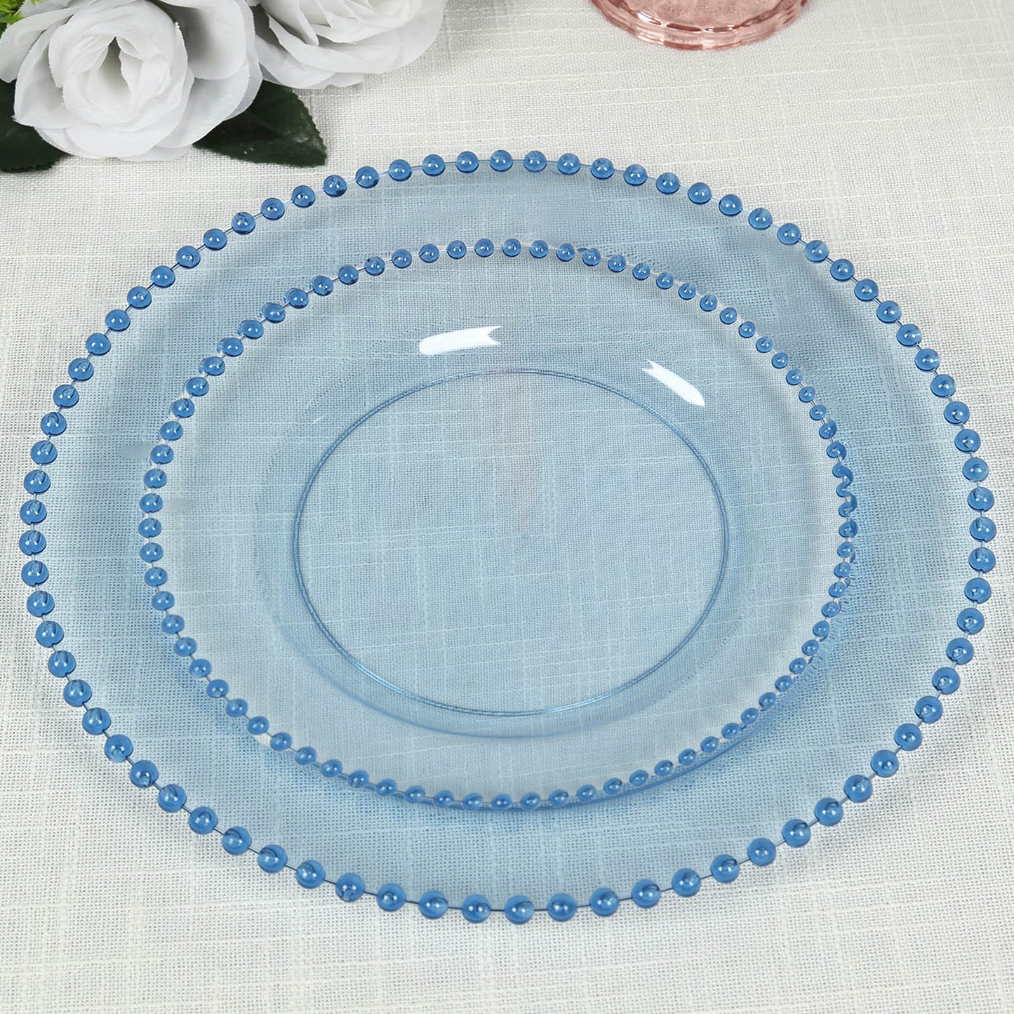 10-Pack Transparent Dusty Blue Plastic Dessert Plates â€“ 8" Round with Beaded Rim, Disposable for Parties & Events