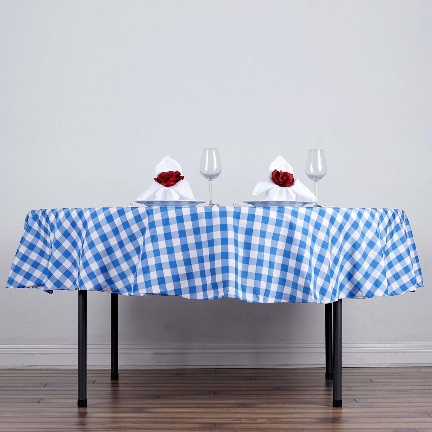 Polyester 90" Round Tablecloth White/Blue - Checkered Buffalo Plaid Table Cover