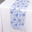 Satin 12"x108" Table Runner White with Blue French Toile Floral Pattern - Refined Style for Upscale Events