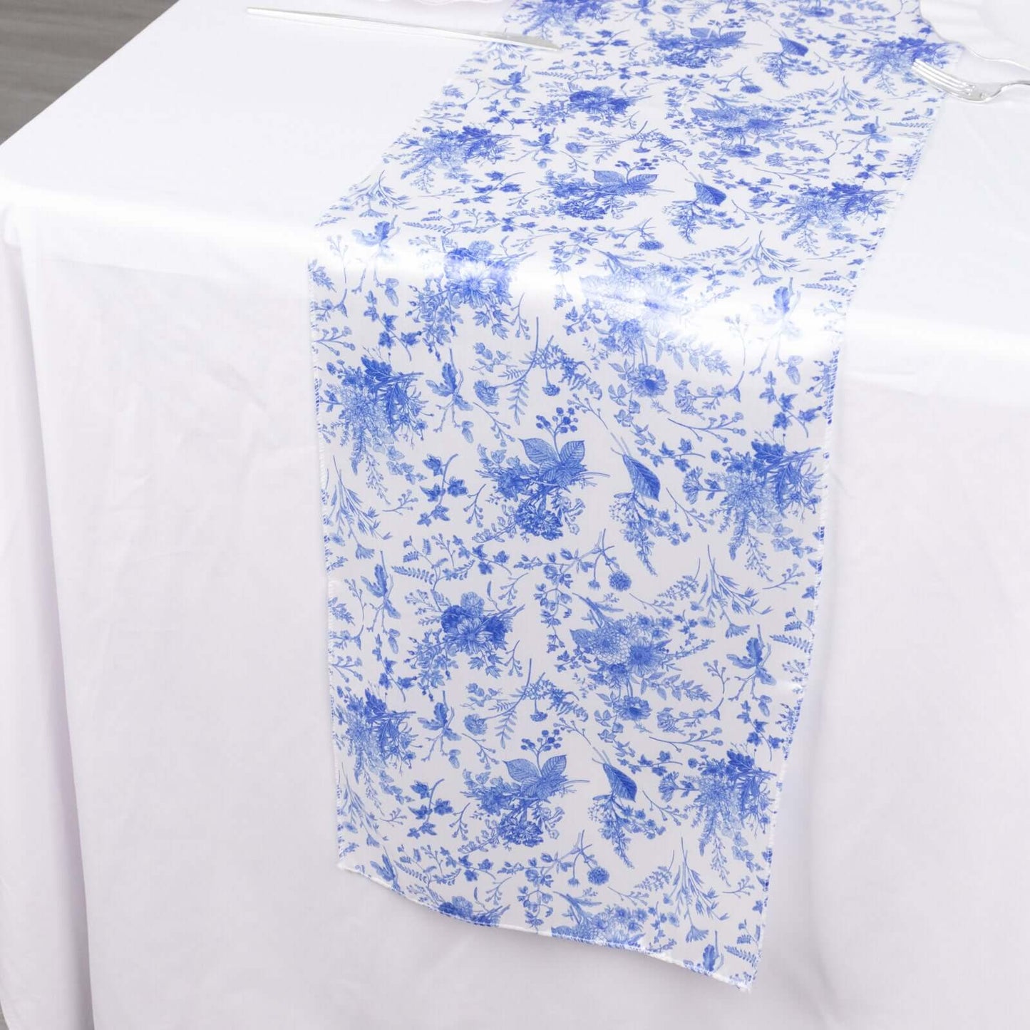Satin 12"x108" Table Runner White with Blue French Toile Floral Pattern - Refined Style for Upscale Events