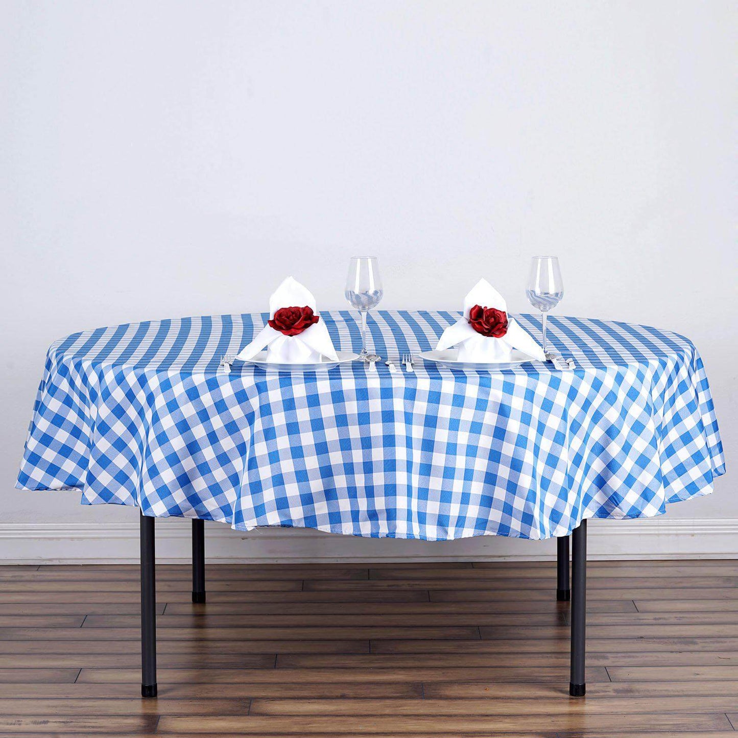 Polyester 70" Round Tablecloth White/Blue - Checkered Buffalo Plaid Table Cover