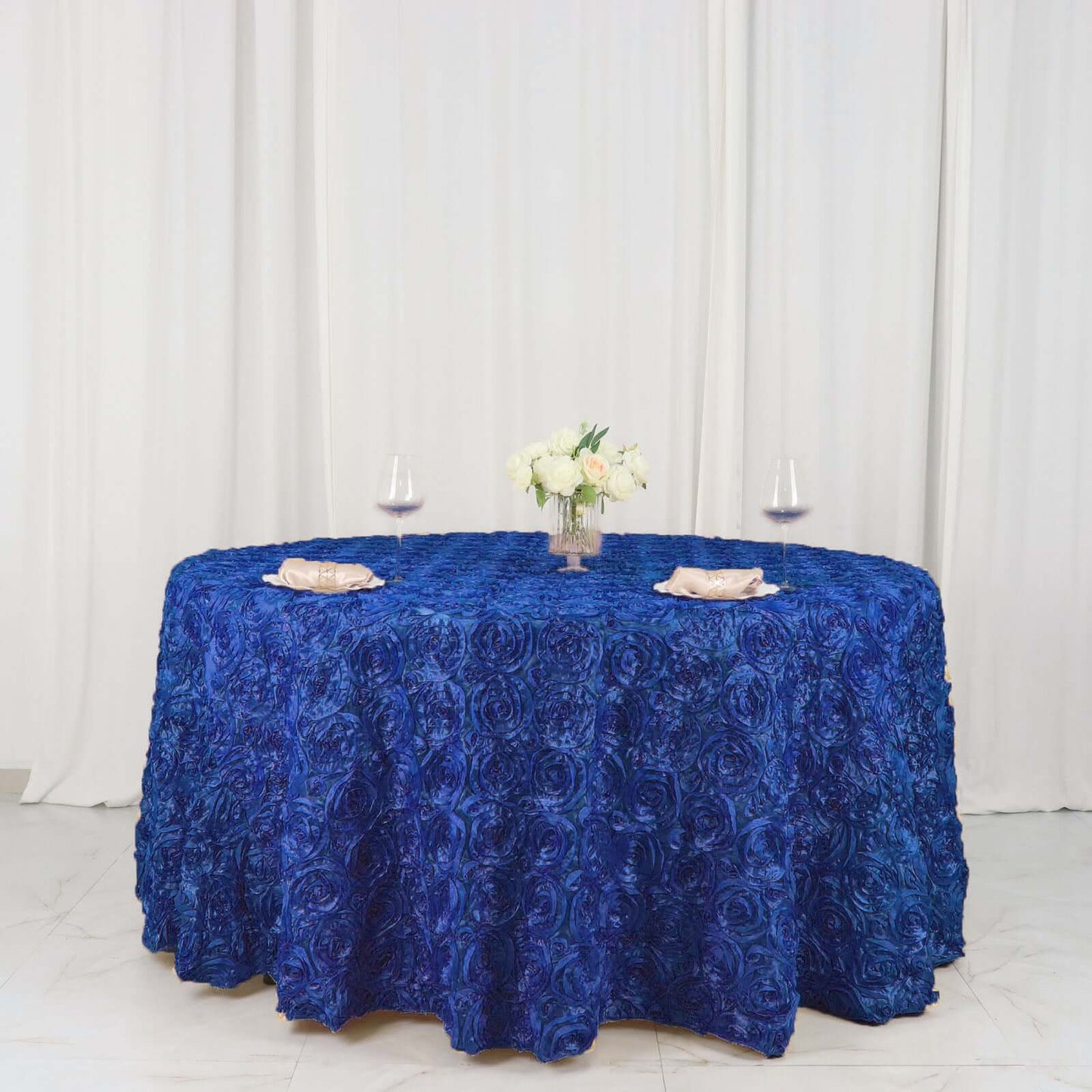 Satin 120" Round Tablecloth Royal Blue - Grandiose 3D Rosette with Seamless Finish Table Cover