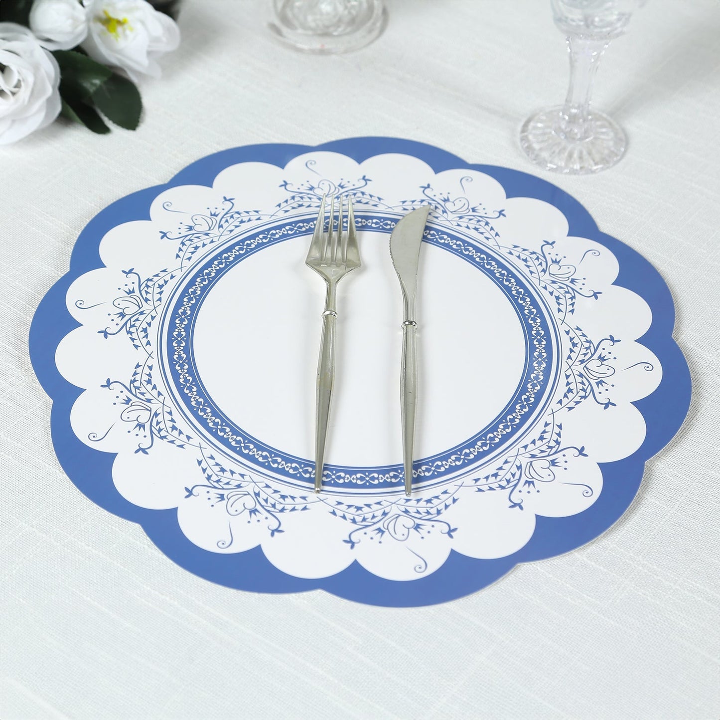 24-Pack Disposable Table Placemats in Assorted Floral Designs with Scalloped Rim - 400GSM Cardboard Placemats for Tea Party & Garden Themes 13"