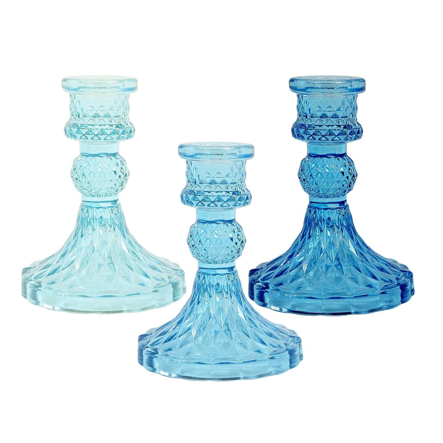 6-Pack Glass Taper Candlestick Holders Diamond Pattern Design Assorted Blue - Reversible Crystal Pillar Votive Stands 4"