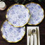 25-Pack Paper Round Dessert Plates 8" in White with Blue French Toile Pattern & Gold Wavy Rim - Disposable 350GSM Salad Plates