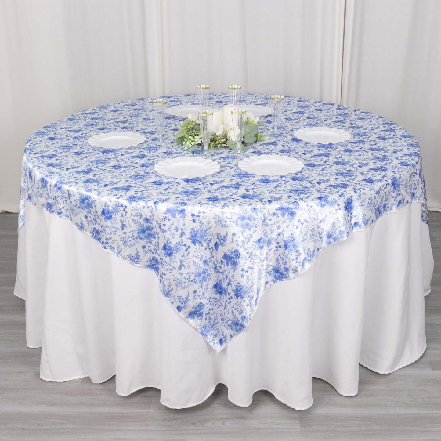 Satin 72"x72" Table Overlay Square Tablecloth White Blue - French Toile Floral Design for Stylish Celebrations
