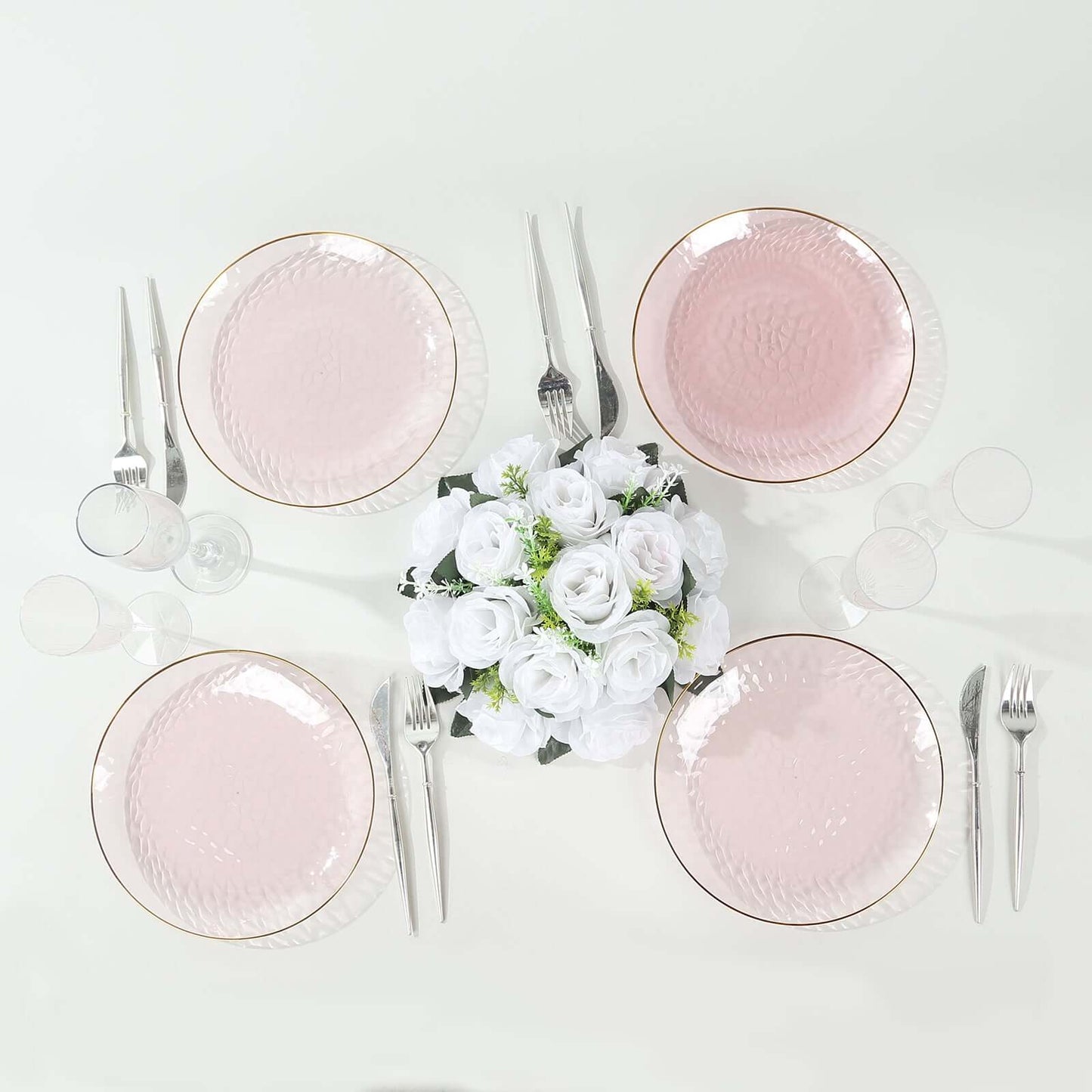 10-Pack Plastic 9" Round Dinner Plates in Transparent Blush Hammered Design with Gold Rim - Modern Disposable Party Plates