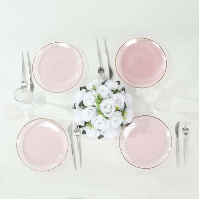 10-Pack Plastic 9" Round Dinner Plates in Transparent Blush Hammered Design with Gold Rim - Modern Disposable Party Plates
