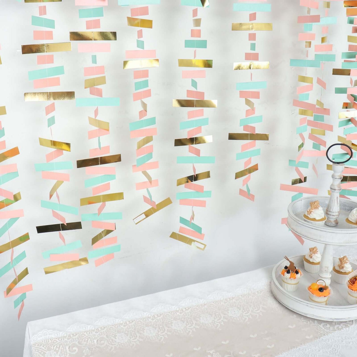 Gold, Blush and Turquoise Confetti-Like Paper Party Garland Streamer, Hanging Backdrop Decoration - 6.5ft
