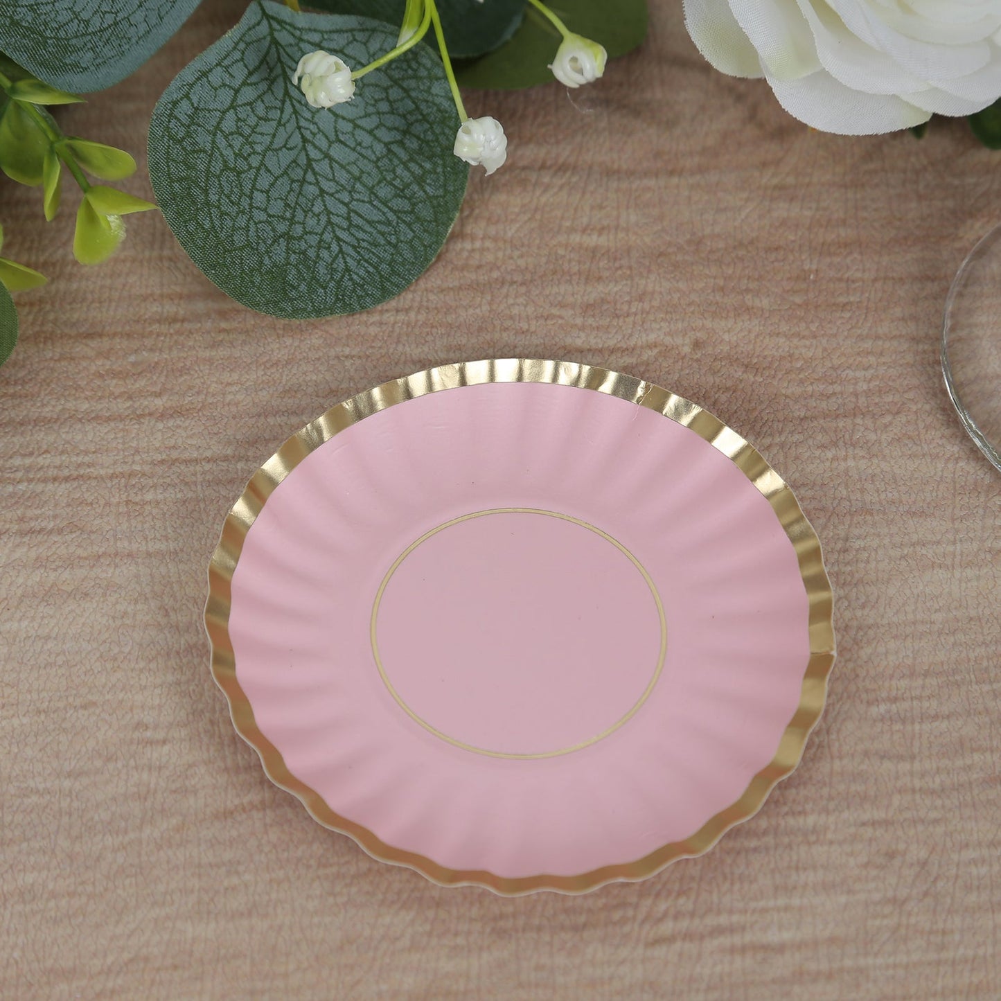50-Pack Paper 3.5" Round Party Plates in Blush with Gold Scalloped Rim - Disposable Mini 250GSM Dessert Plates for Tapas, Appetizers & Finger Foods