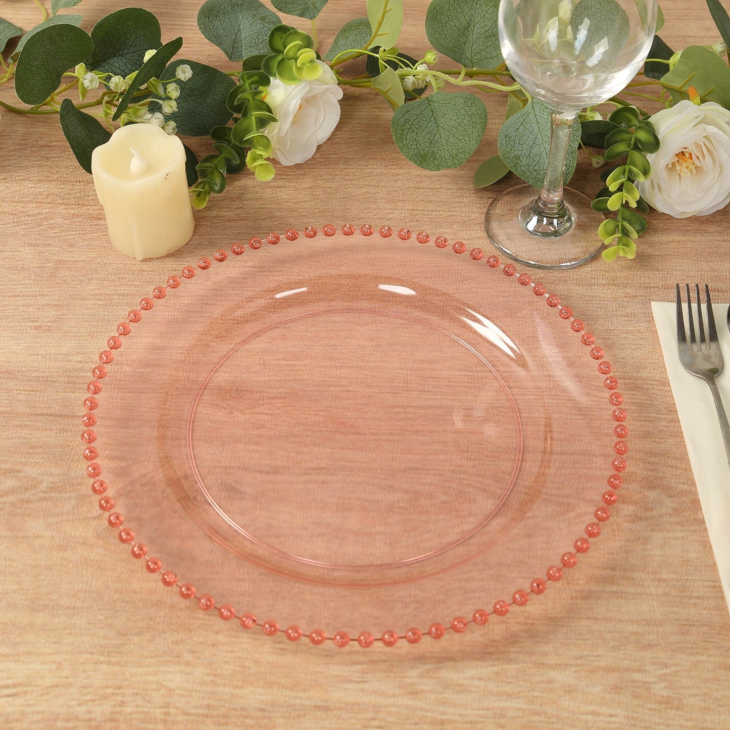 10-Pack Plastic 10" Round Dinner Plates in Transparent Blush with Beaded Rim - Disposable Party Plates for Banquets & Festive Occasions
