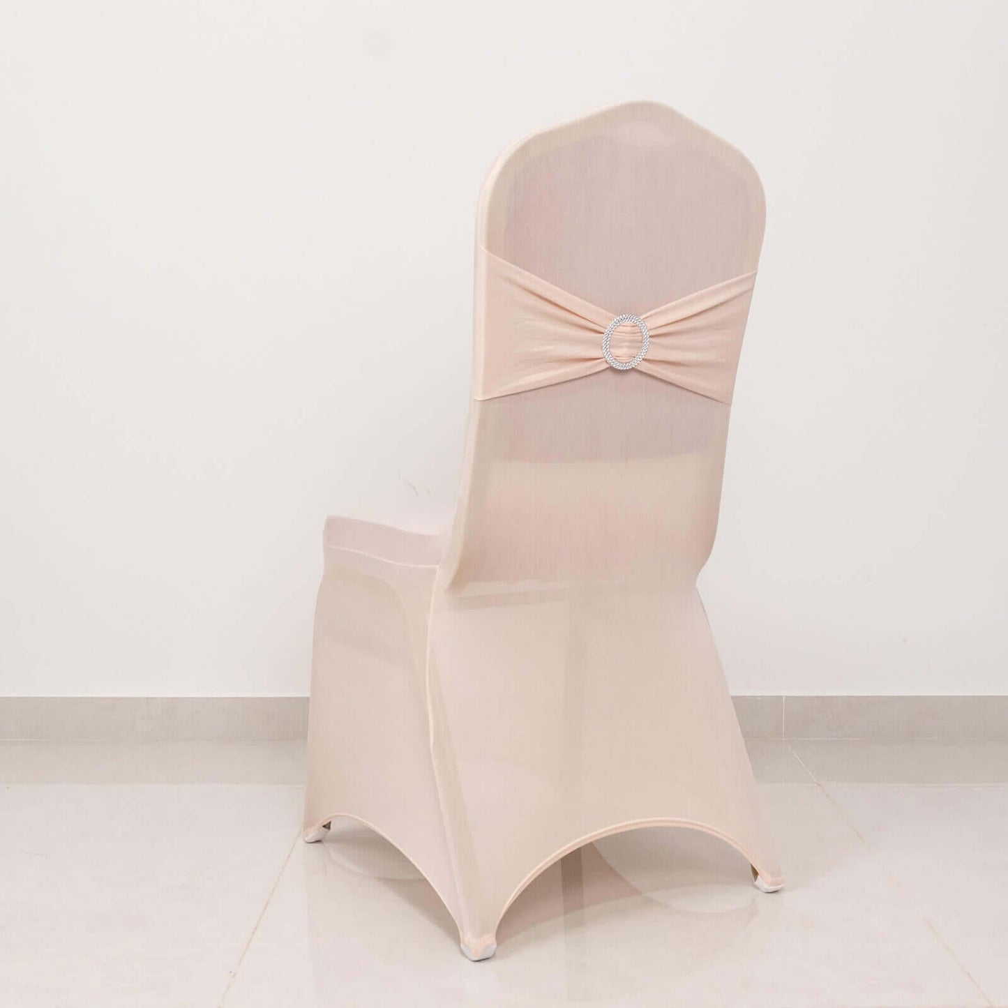 Spandex Chair Cover with Silver Rhinestone Buckled Sash Band Blush - Stretch Fitted Slipcover