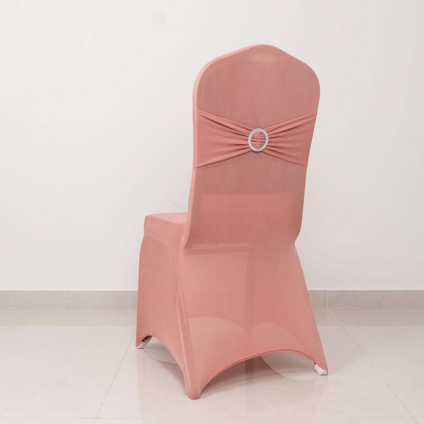 Spandex Chair Cover with Silver Rhinestone Buckled Sash Band Dusty Rose - Stretch Fitted Slipcover