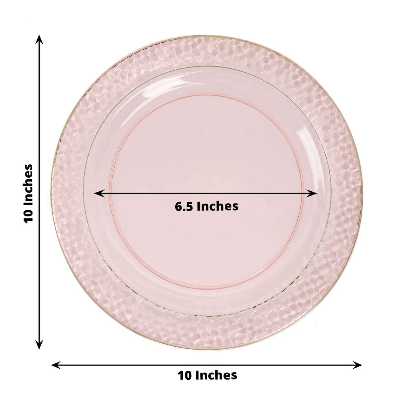 10-Pack Plastic 10" Round Dinner Plates in Blush Hammered Design with Gold Rim - Disposable Party Plates for Chic Banquets & Special Occasions
