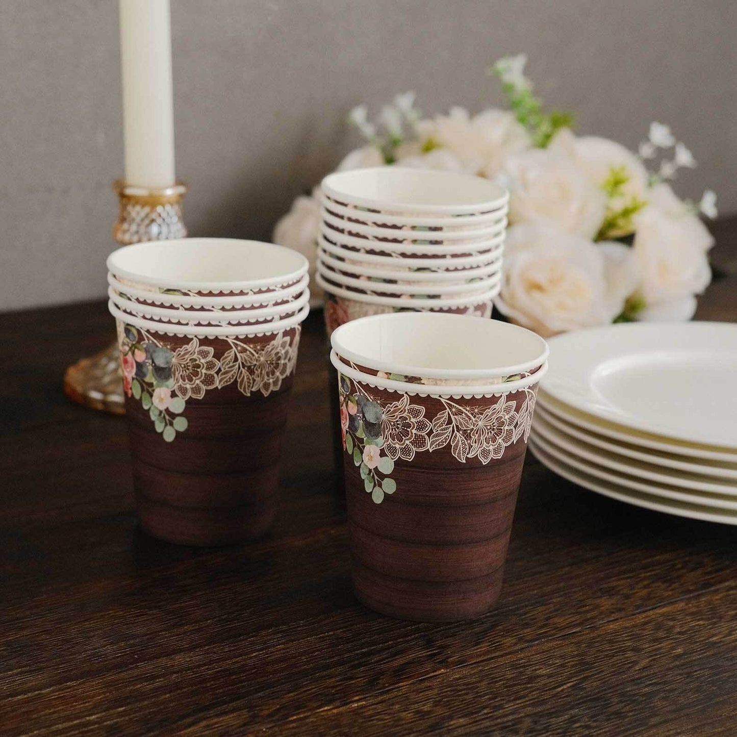 24-Pack Paper Cups 9oz Brown Wood Print with Floral Lace Rim - Chic Disposable Party Cups for Rustic Decor & Themed Parties