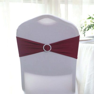 5 Pack Stretch Spandex Chair Sashes Burgundy - Reusable Chair Bands with Silver Diamond Ring Slide Buckle 5"x14"