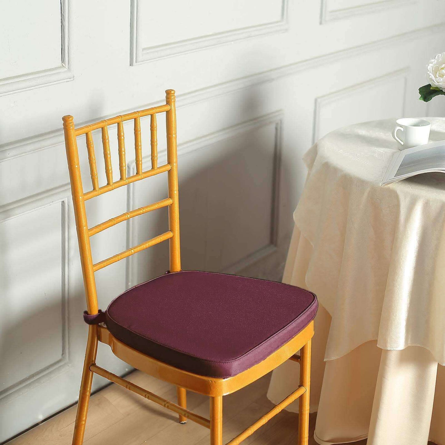 Chiavari Chair Cushion with 1.5" Thick Memory Foam and Ties Burgundy - Stylish Removable Cover for Comfort