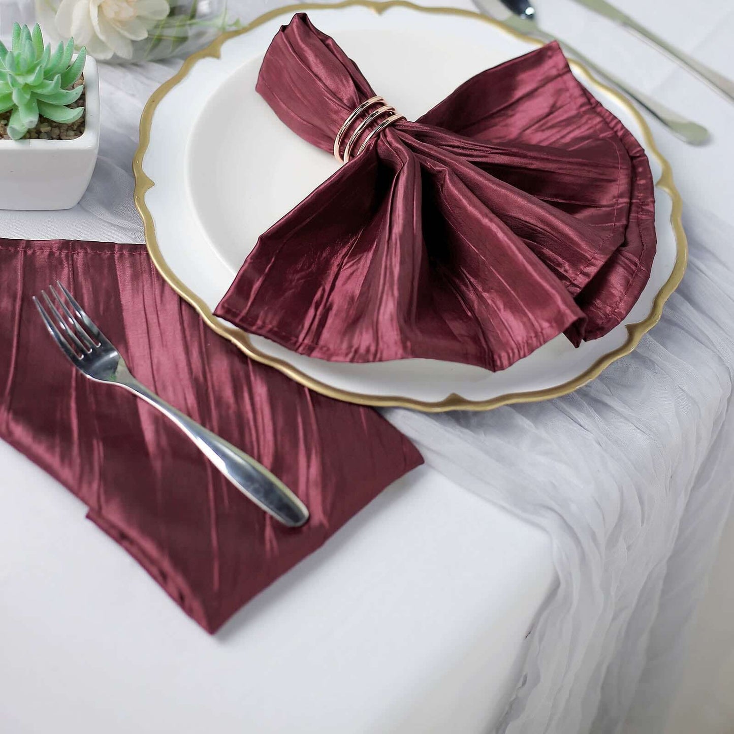 5 Pack Taffeta 20"x20" Napkins Burgundy - Accordion Crinkle Dinner Napkins