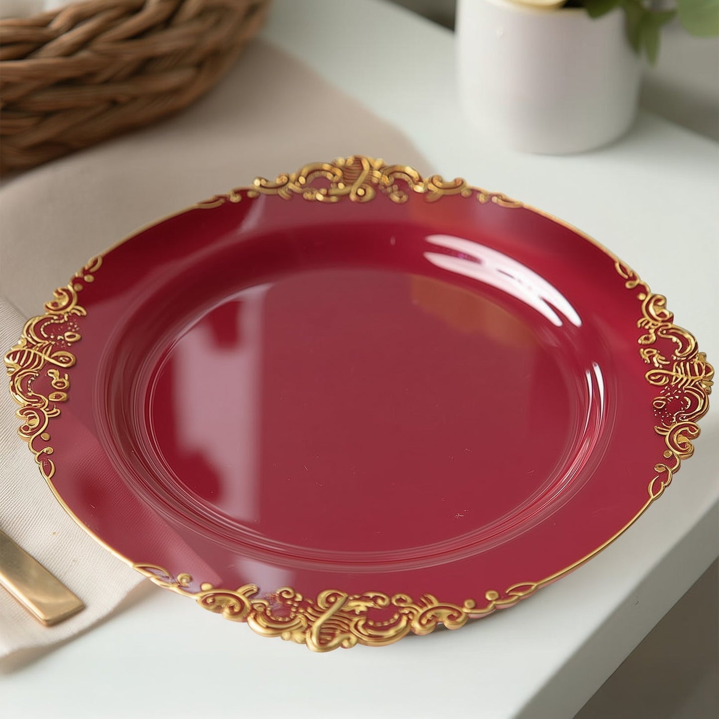 20-Pack Economy Plastic Round Charger Plates 13" in Burgundy with Gold Embossed Baroque Rim, Stylish Dinner Party Serving Plates