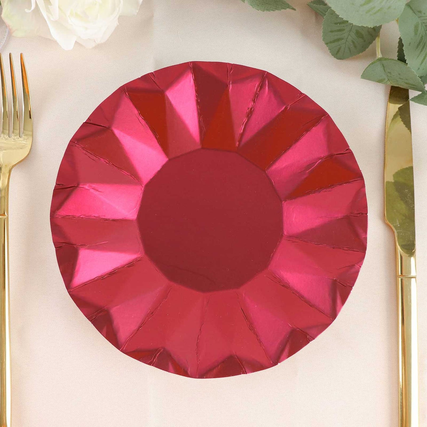 25-Pack Paper 7" Round Dessert Plates in Burgundy with Geometric Prism Rim - Disposable 400GSM Appetizer Salad Plates