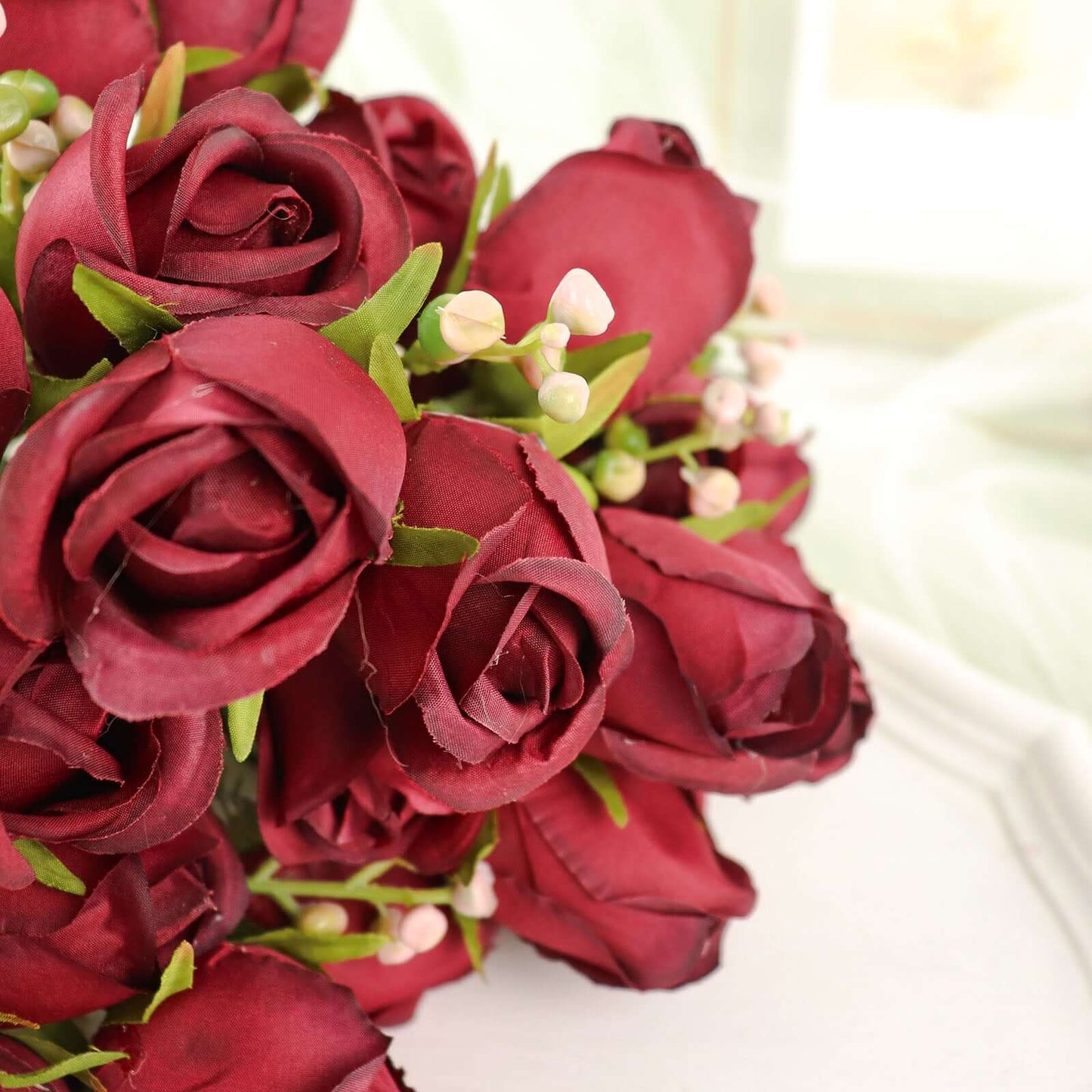 3 Pack 13" Burgundy Real Touch Silk Rose Bud Flower Bridal Bouquets, Artificial Floral Bush Arrangements