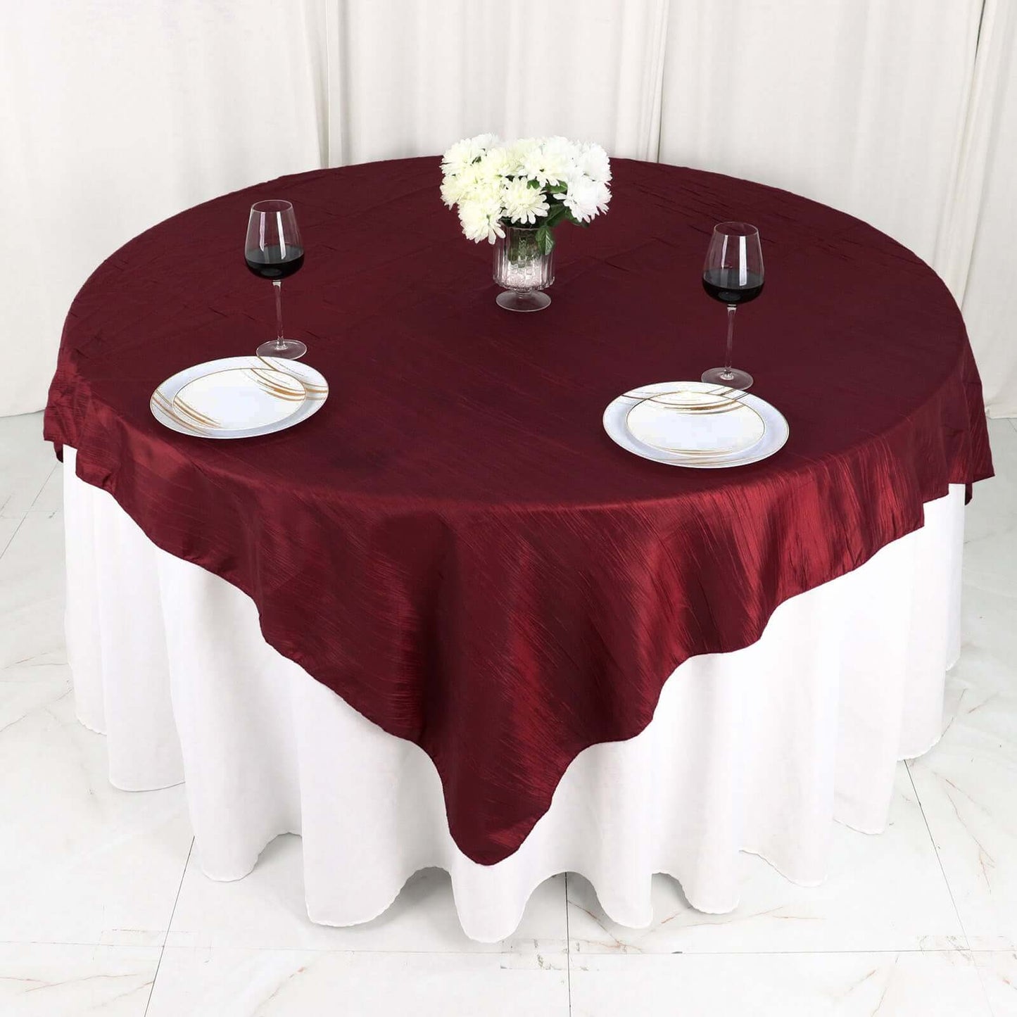 Taffeta 72"x72" Table Overlay Square Tablecloth Burgundy - Accordion Crinkle Table Cover