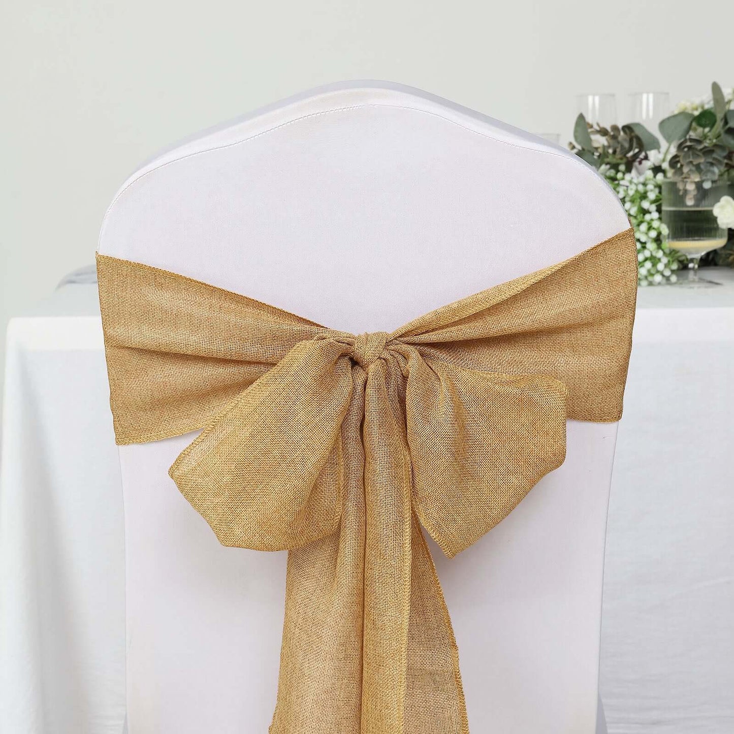 5 Pack Jute Faux Burlap 6"x108" Chair Sashes Gold - Boho Chic Linen Decor for Weddings & Gatherings
