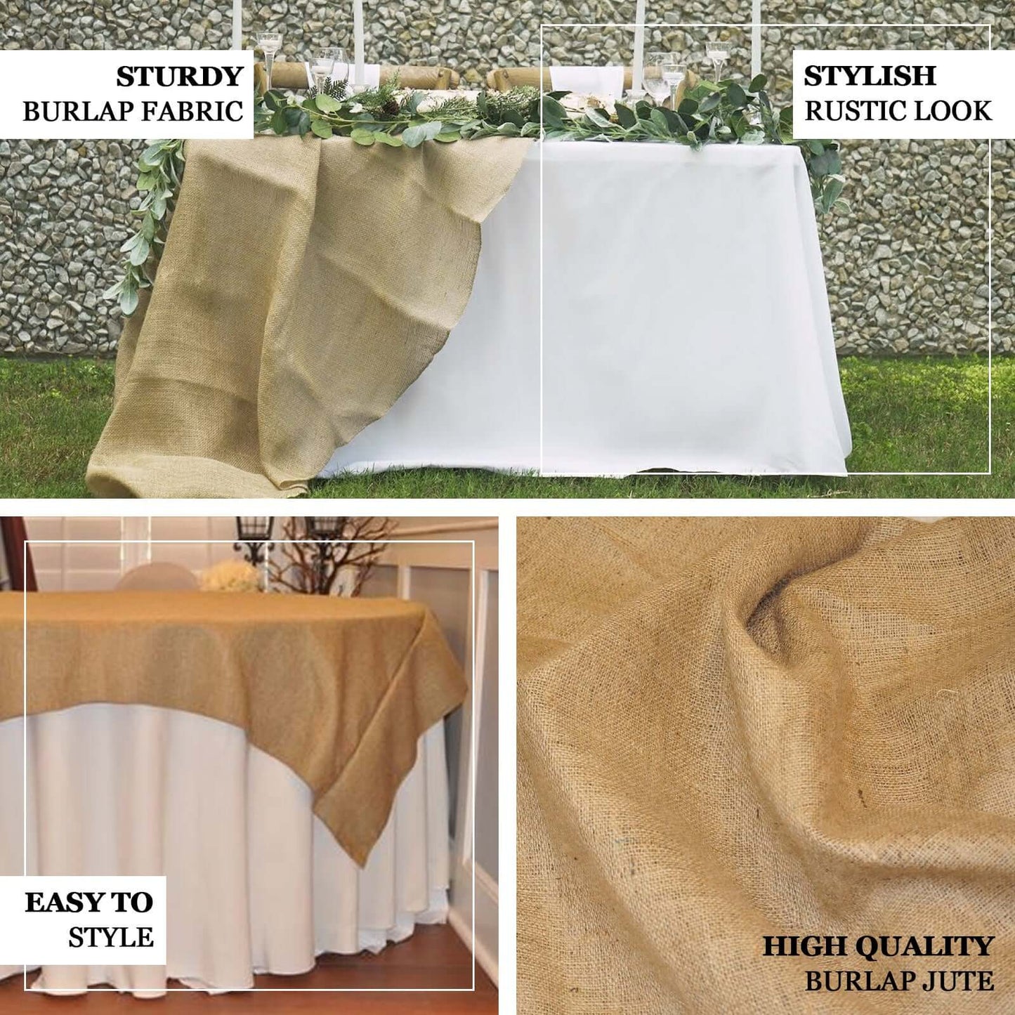 Burlap 90"x90" Table Overlay Square Tablecloth Natural - Rustic Design for Vintage Celebrations