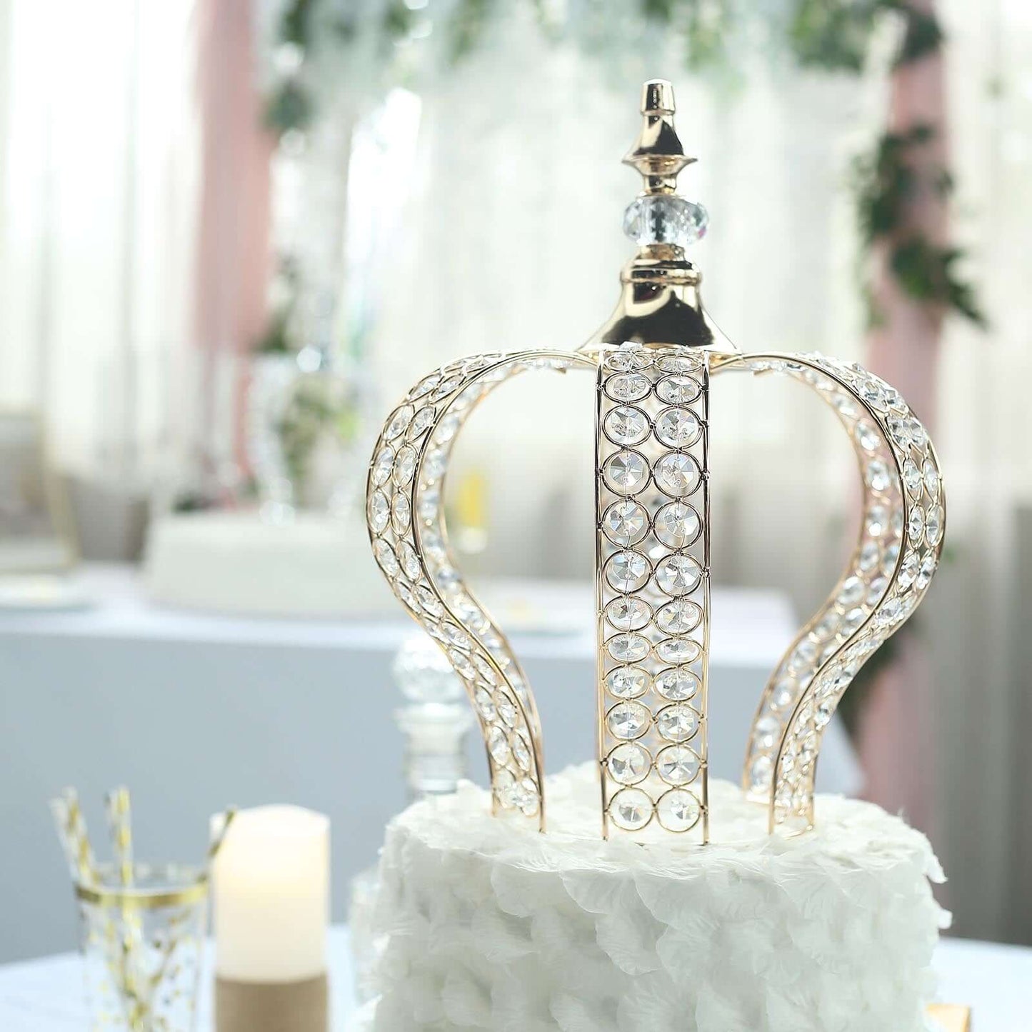 Crystal-Bead Royal Crown Cake Topper Metallic Gold - Dazzling Cake Centerpiece Decor for Luxurious Birthdays Receptions & Romantic Celebrations 14"
