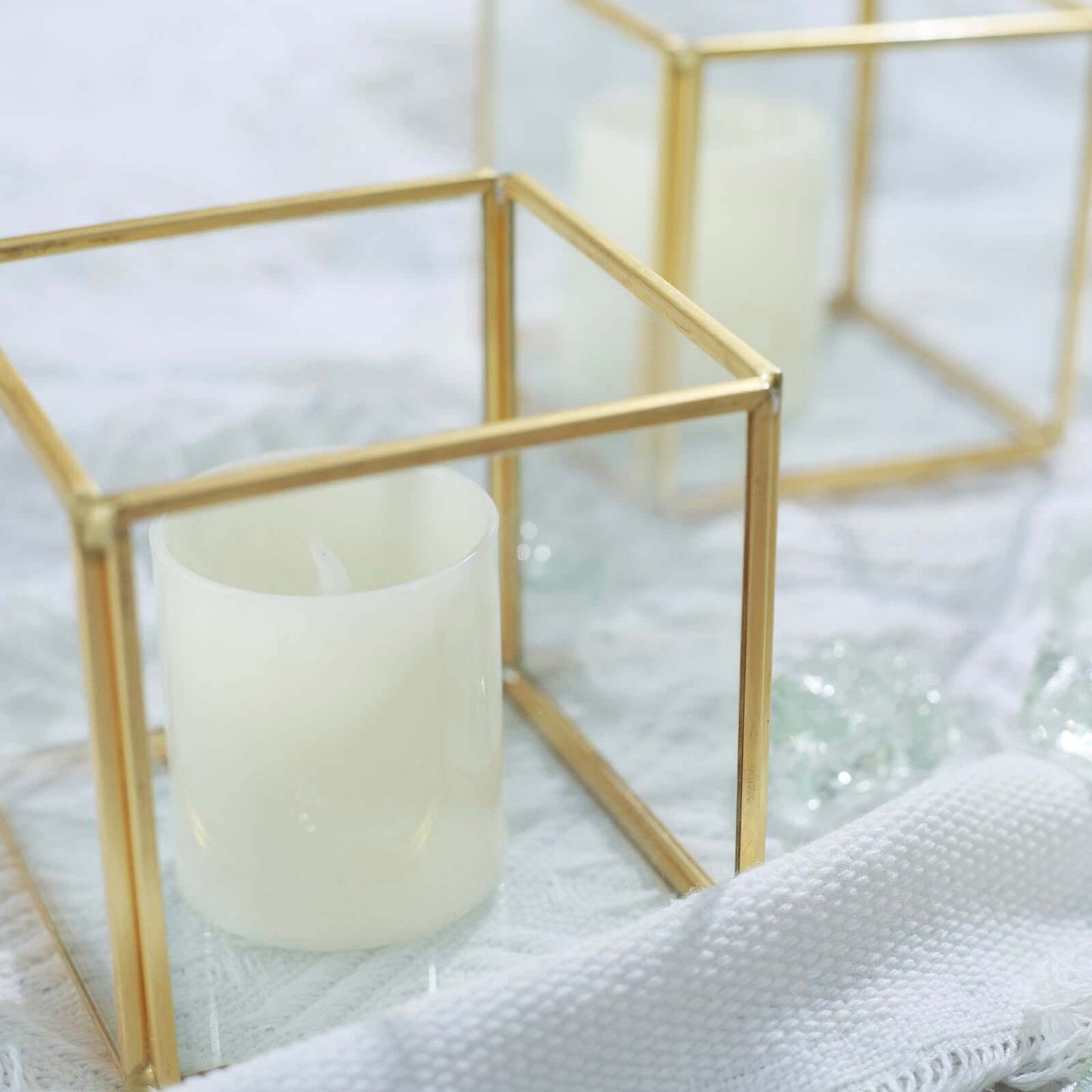 3-Pack Glass Tealight Votive Candle Holders Square Cube Design Clear with Gold Metal Frame - Stackable 3"