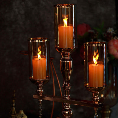 3-Arm Gold Candelabra Metal with Amber Glass Shades - Stylish Table Centerpiece for Gatherings