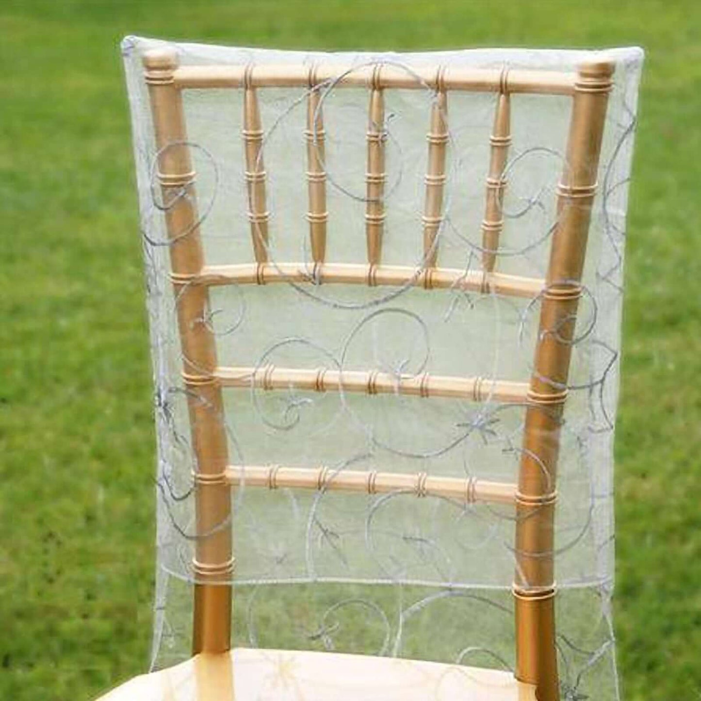 Organza Chair Slipcover with Satin Embroidery for Chiavari Chairs Silver - Chair Back Cover