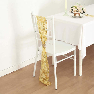 5 Pack Tulle Chair Sashes with Leaf Vine Embroidered Sequins Gold 6"x88" - Stylish Decor for Weddings