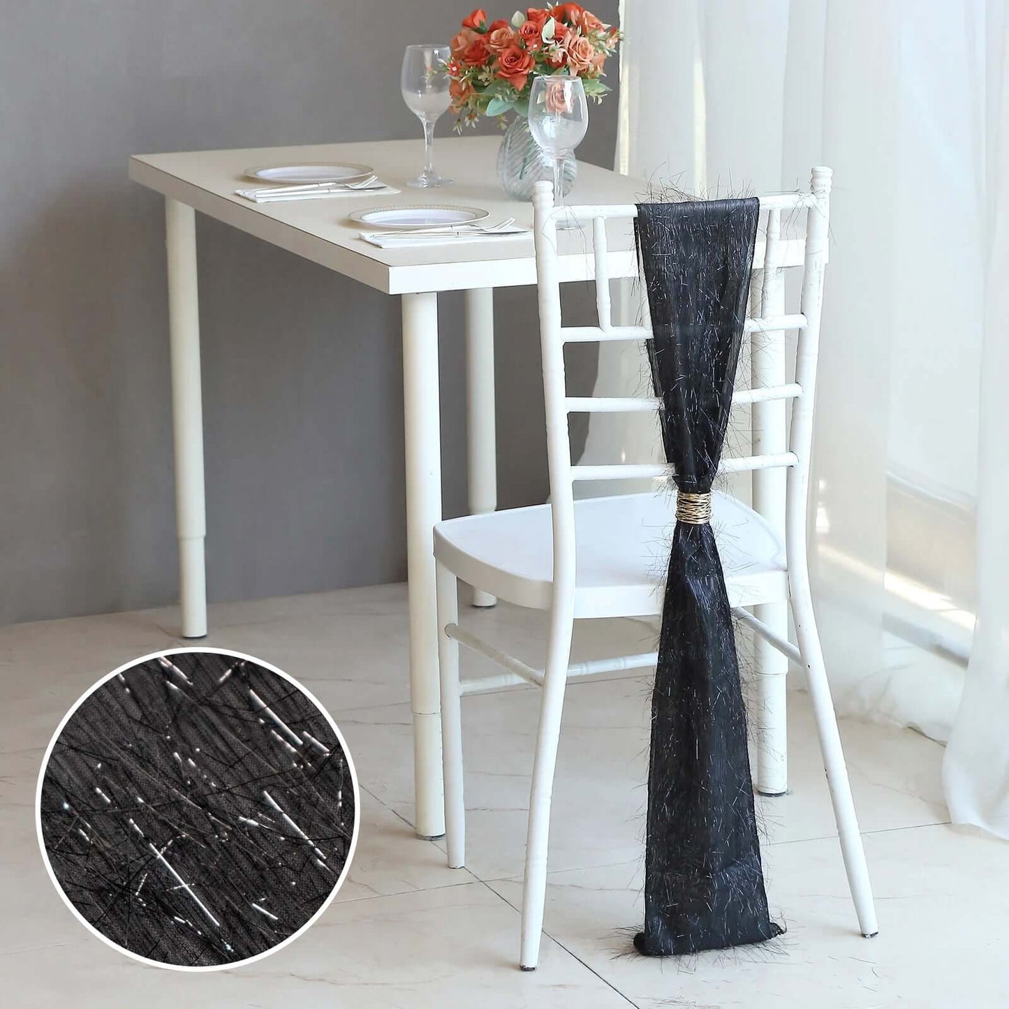 5 Pack Polyester Chair Sashes Black Metallic Tinsel Fringe - Easy to Use Chair Bows 6"x108"
