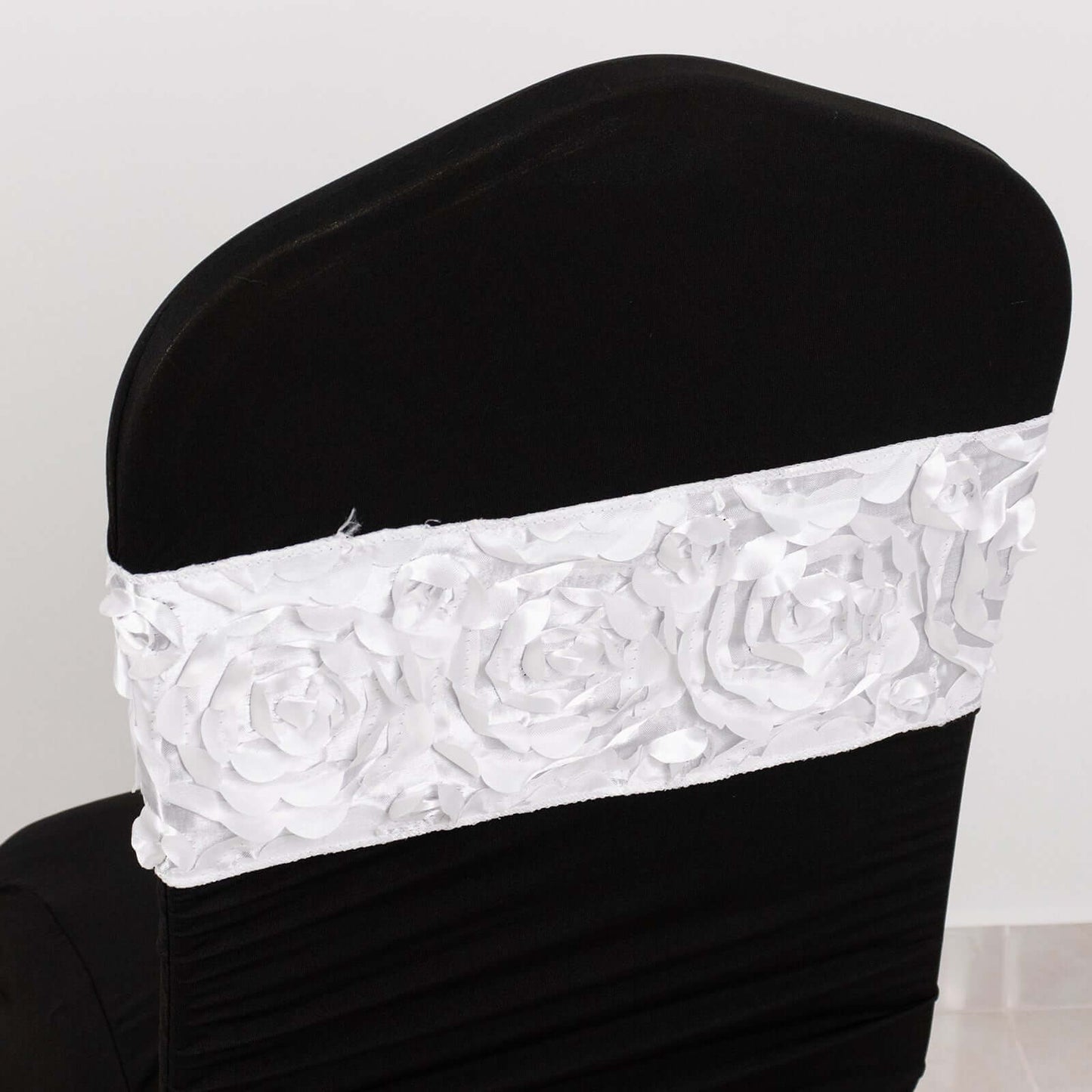 5 Pack Satin Spandex Chair Sashes White - Exquisite Rosette Design Stretch Chair Bands 6"x14"