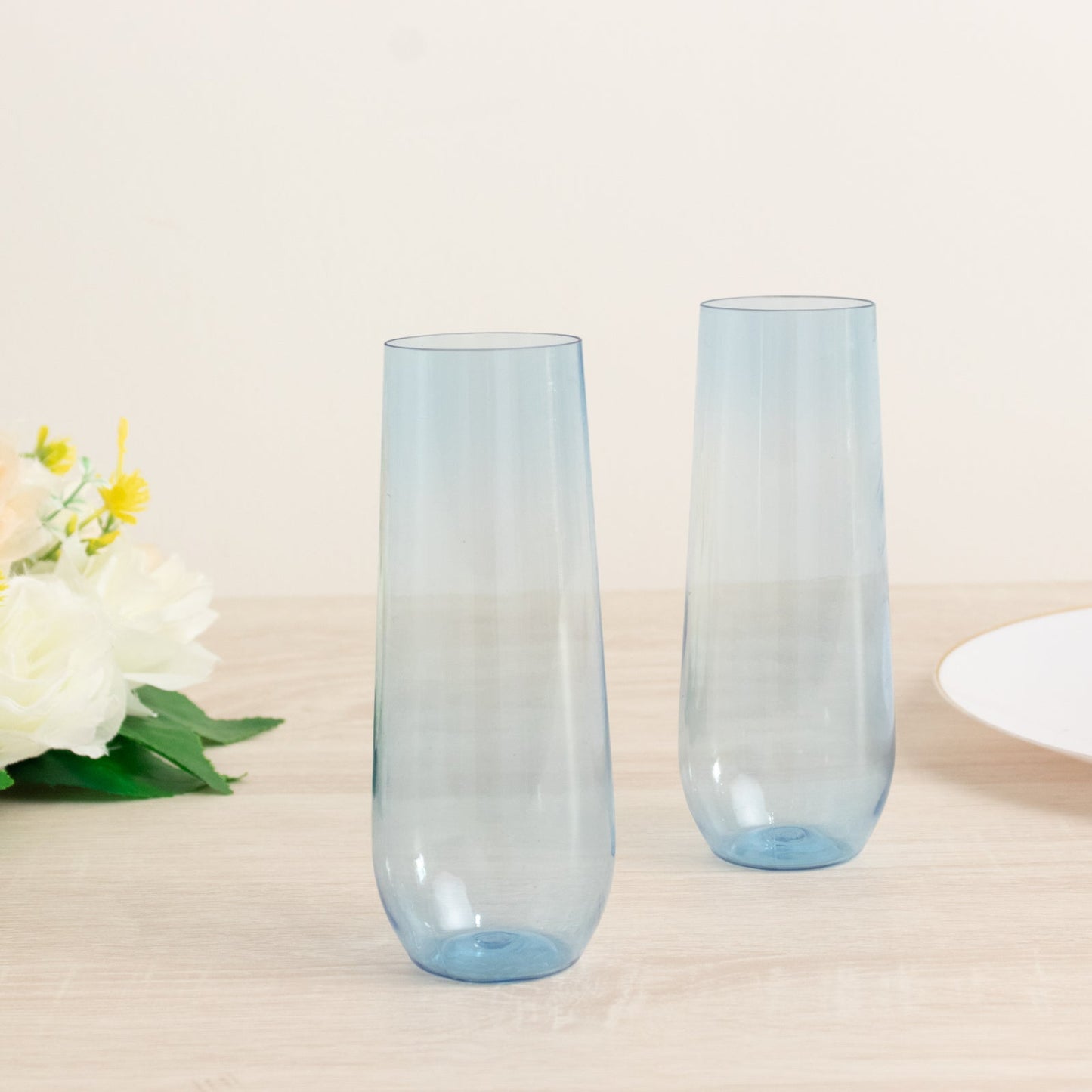 12 Pack Plastic Champagne Glasses in Transparent Blue, Reusable Lightweight Champagne Flutes 9oz