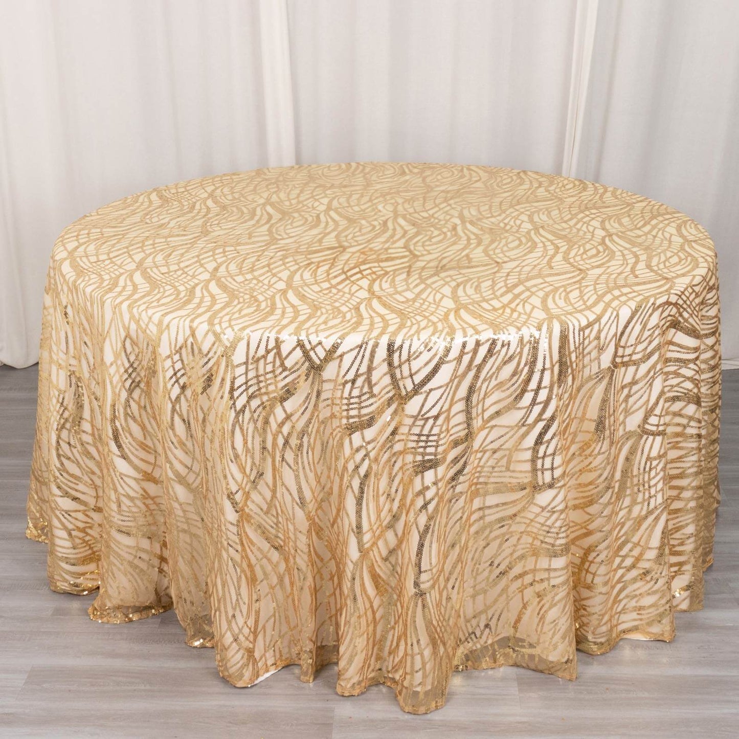 Sequin Mesh 120" Round Tablecloth Champagne - Seamless Wave Embroidered Table Cover