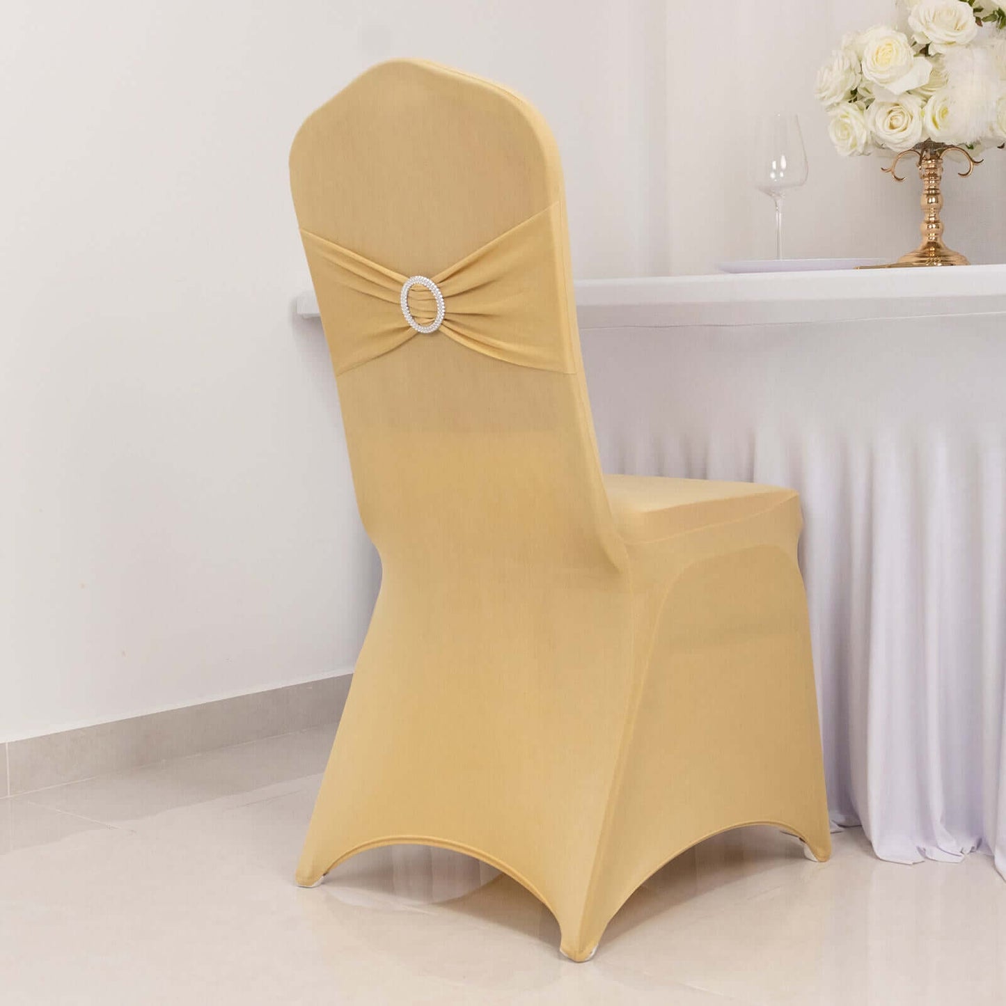 Spandex Chair Cover with Silver Rhinestone Buckled Sash Band Champagne - Stretch Fitted Slipcover