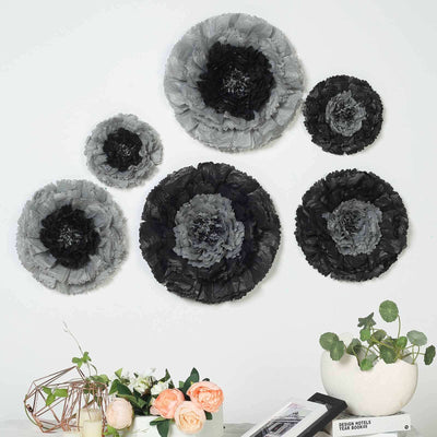 Set of 6 Charcoal Gray Carnation 3D Paper Flowers Wall Decor - 7",9",11"