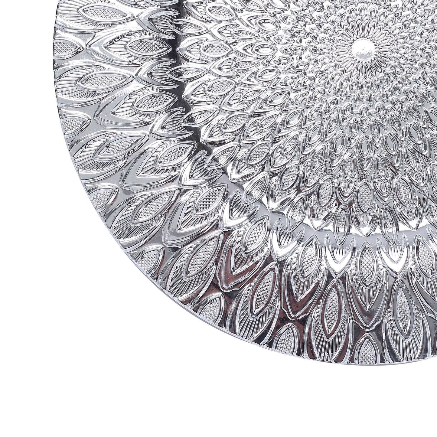 6-Pack Plastic Round Charger Plates 13" in Silver with Embossed Peacock Pattern, Stylish Disposable Charger Tableware