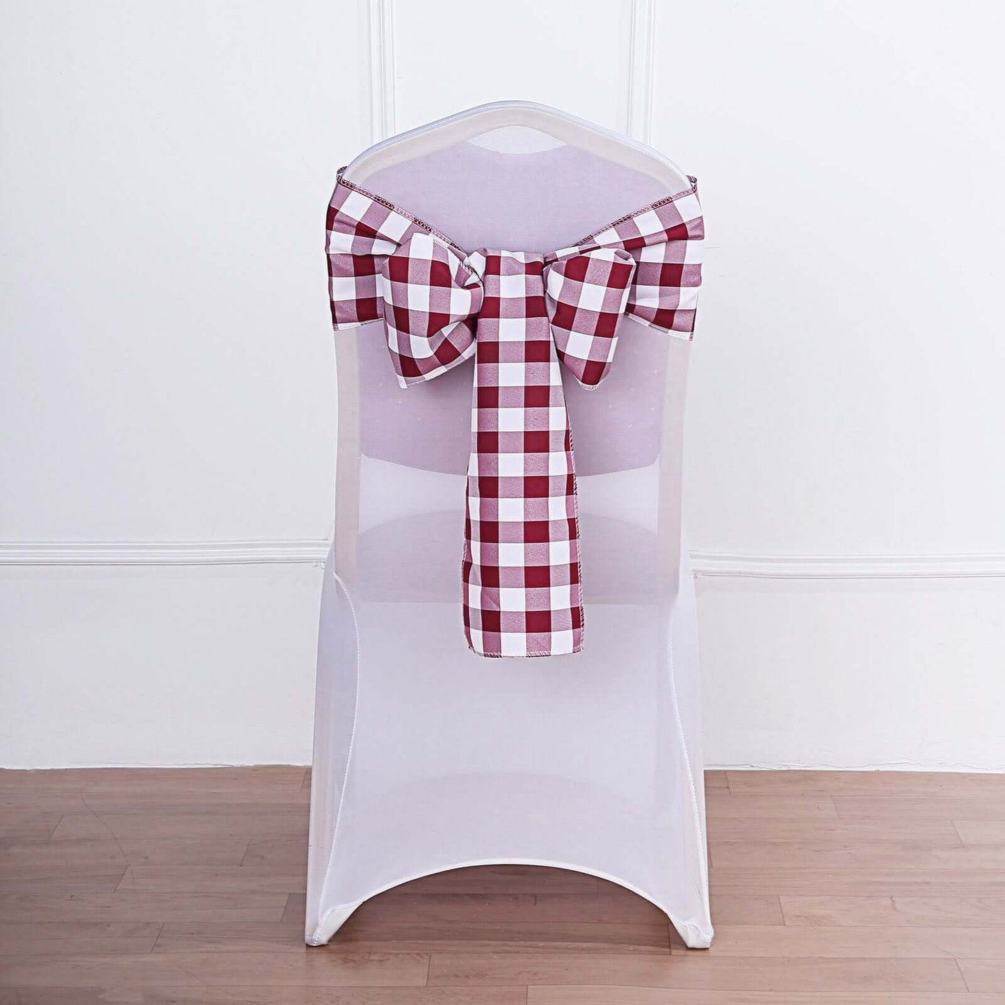 5 Pack Polyester Chair Sashes Burgundy/White Buffalo Plaid - Durable & Reusable Chair Bows 6"x108"