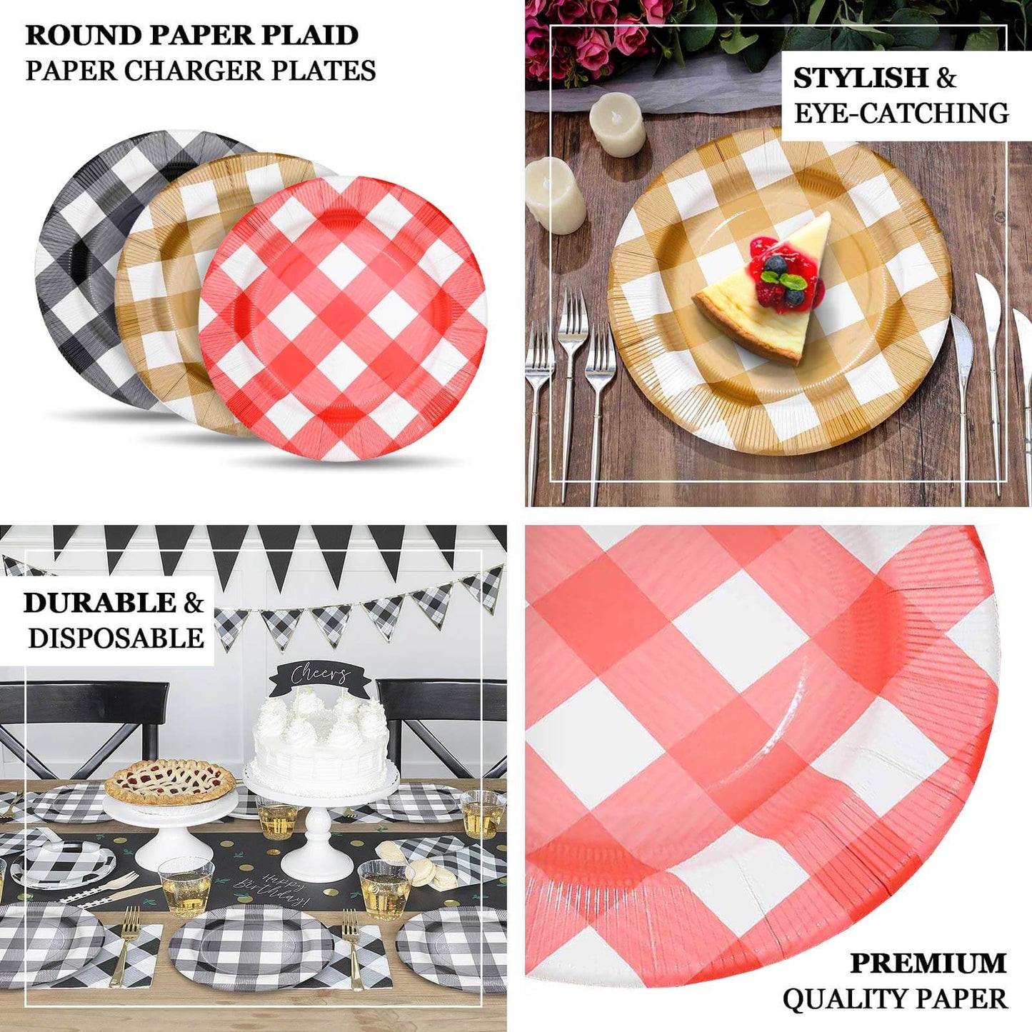 10-Pack Disposable Paper Charger Plates â€“ Gold/White Buffalo Plaid 13" Round Table Chargers, 350 GSM Cardstock