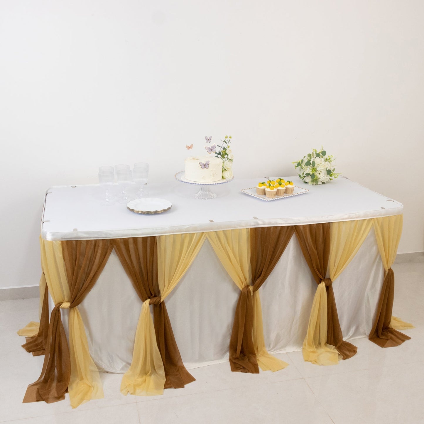 14ft Sheer Pleated Ruffle Skirting Chiffon Table Skirt - Champagne and Gold, Shimmer Sheer, Wrinkle-Free Fabric