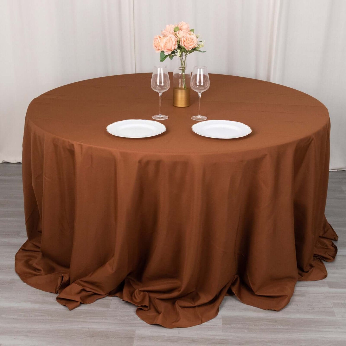 Polyester 132" Round Tablecloth Cinnamon Brown - Seamless Chic Table Cover