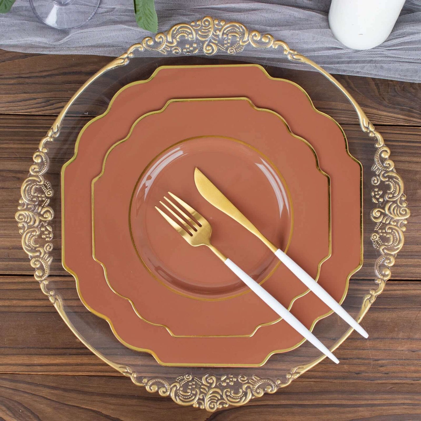10-Pack Plastic Dessert Appetizer Plates in Terracotta (Rust) Baroque Design with Scalloped Gold Rim - Heavy Duty Disposable Salad Plates 8"