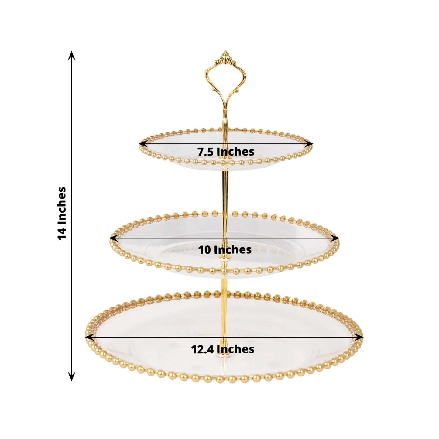 3-Tier Plastic Round Cupcake Tower Stand Clear - Versatile Dessert Display Tea Party Serving Platter with Gold Beaded Rim & Top Handle 14"