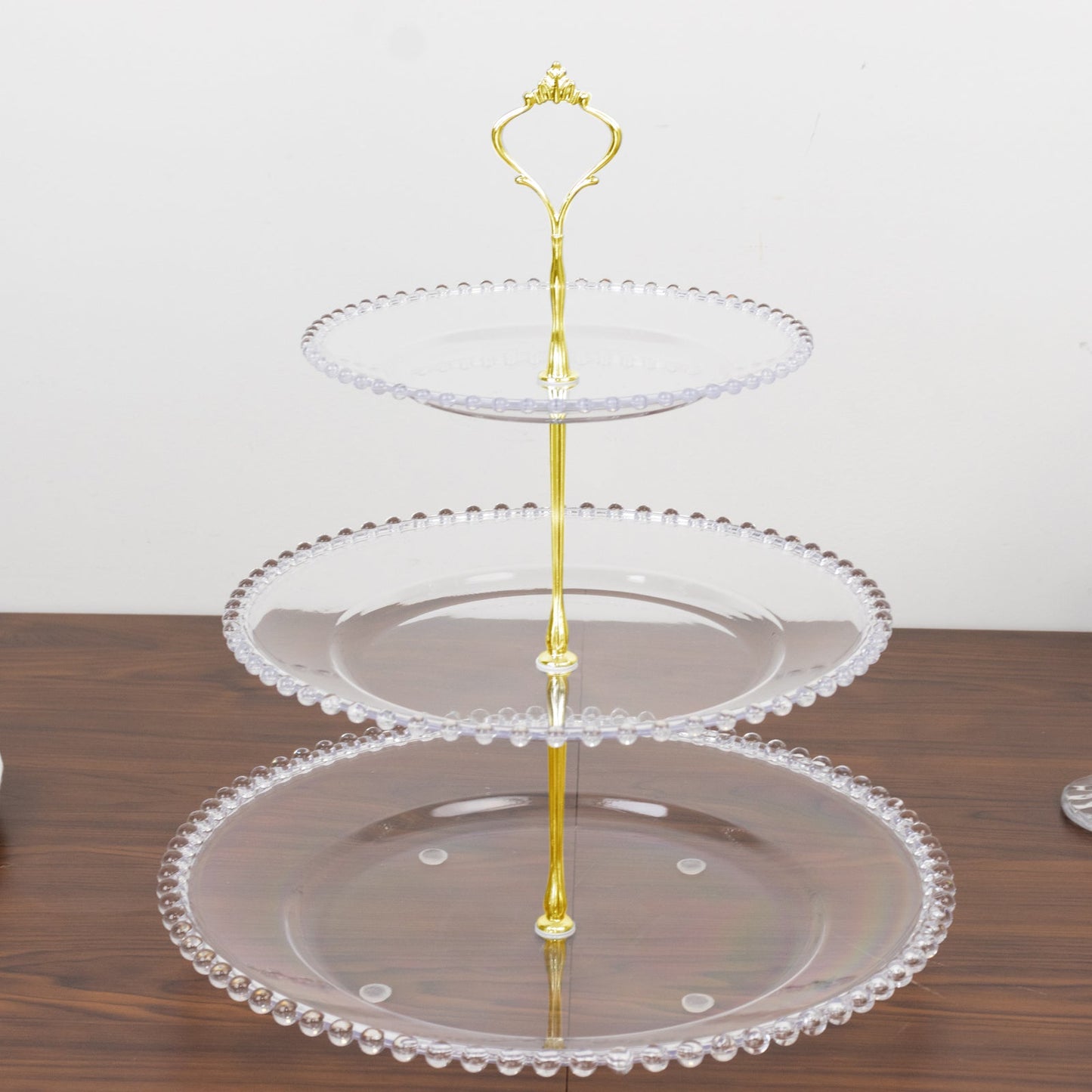 14" Clear 3-Tier Plastic Dessert Display Stand With Beaded Rim, Round Cupcake Tower Tea Party Serving Platter With Top Handle