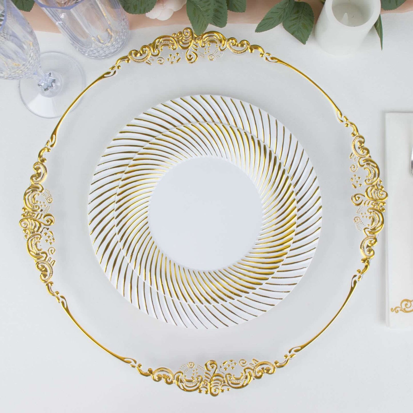 10-Pack Plastic 7" Round Dessert Plates in White with Gold Swirl Rim - Disposable Salad Plates for Classy Events & Banquets